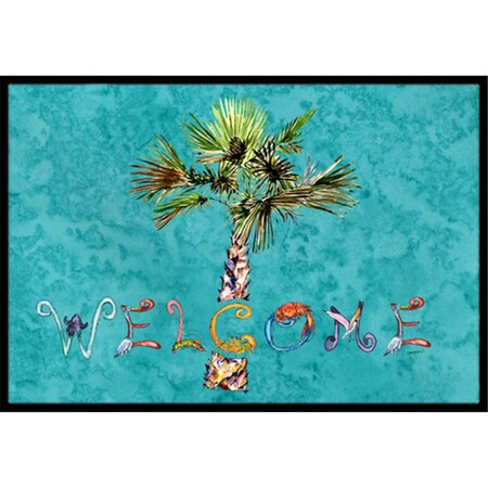 Carolines Treasures Welcome Palm Tree On Teal Indoor & Outdoor Mat, 24 x 36 in. CA77828